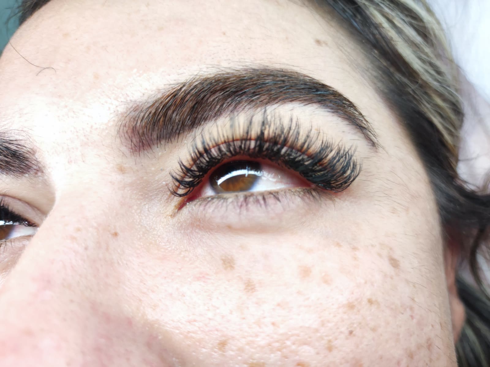 Ojo con extensiones de pestañas de volumen y cejas definidas